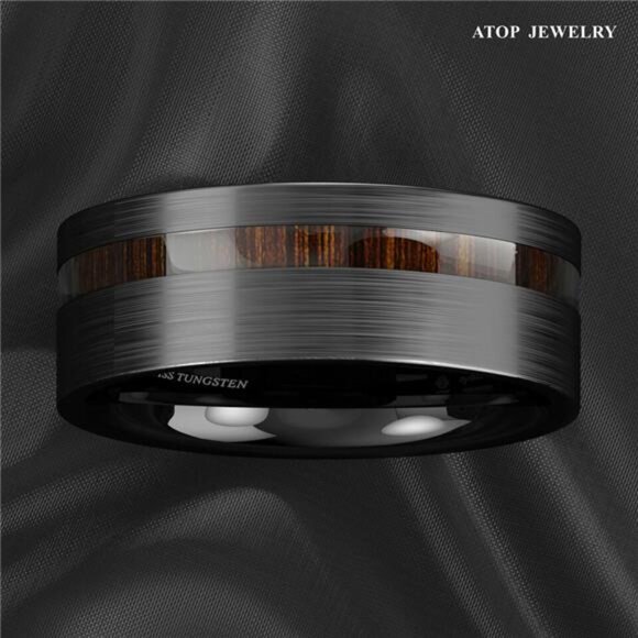 Men's Wedding Band - Black Brushed Off Center Koa Wood Ring for Men and Women - Picture 5 of 9